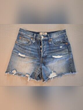 We The Free Faded Vintage Blue Distressed Button Fly Raw Hem Denim Shorts 25